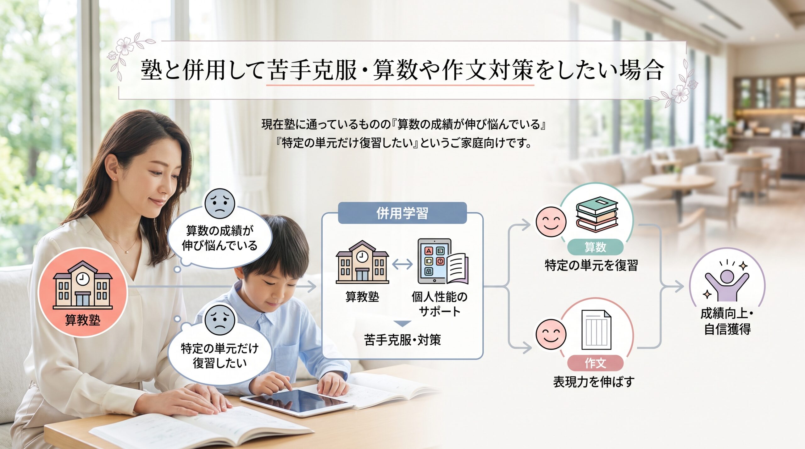 塾と併用して苦手克服・算数や作文対策をしたい場合