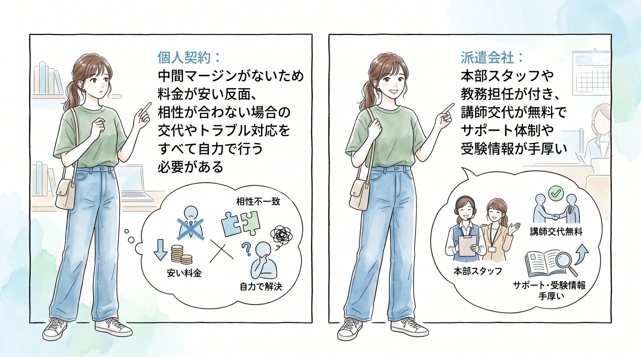 個人契約と家庭教師派遣会社の違いおよび注意点
