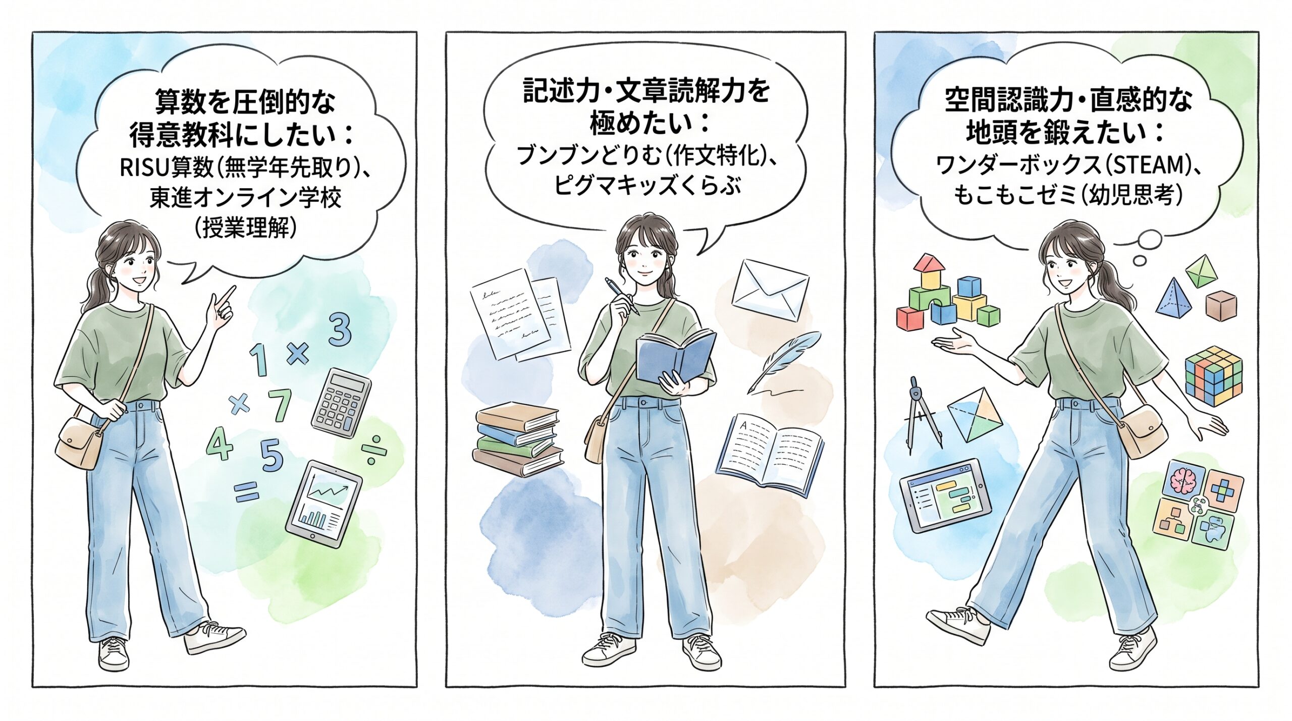 強化したい分野(算数特化・国語記述力・STEAM思考力)で選ぶ