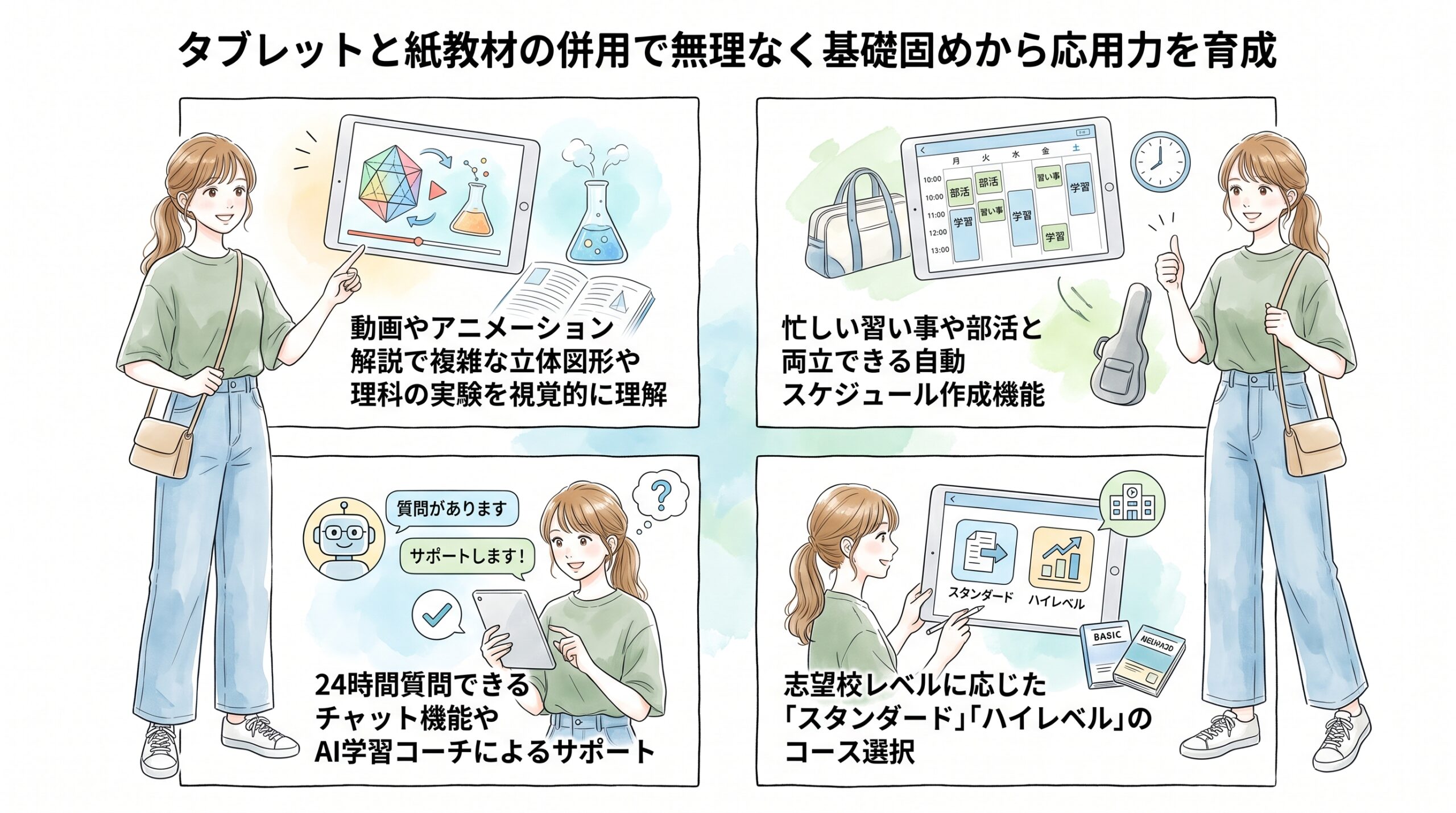 タブレットと紙教材の併用で無理なく基礎固めから応用力を育成
