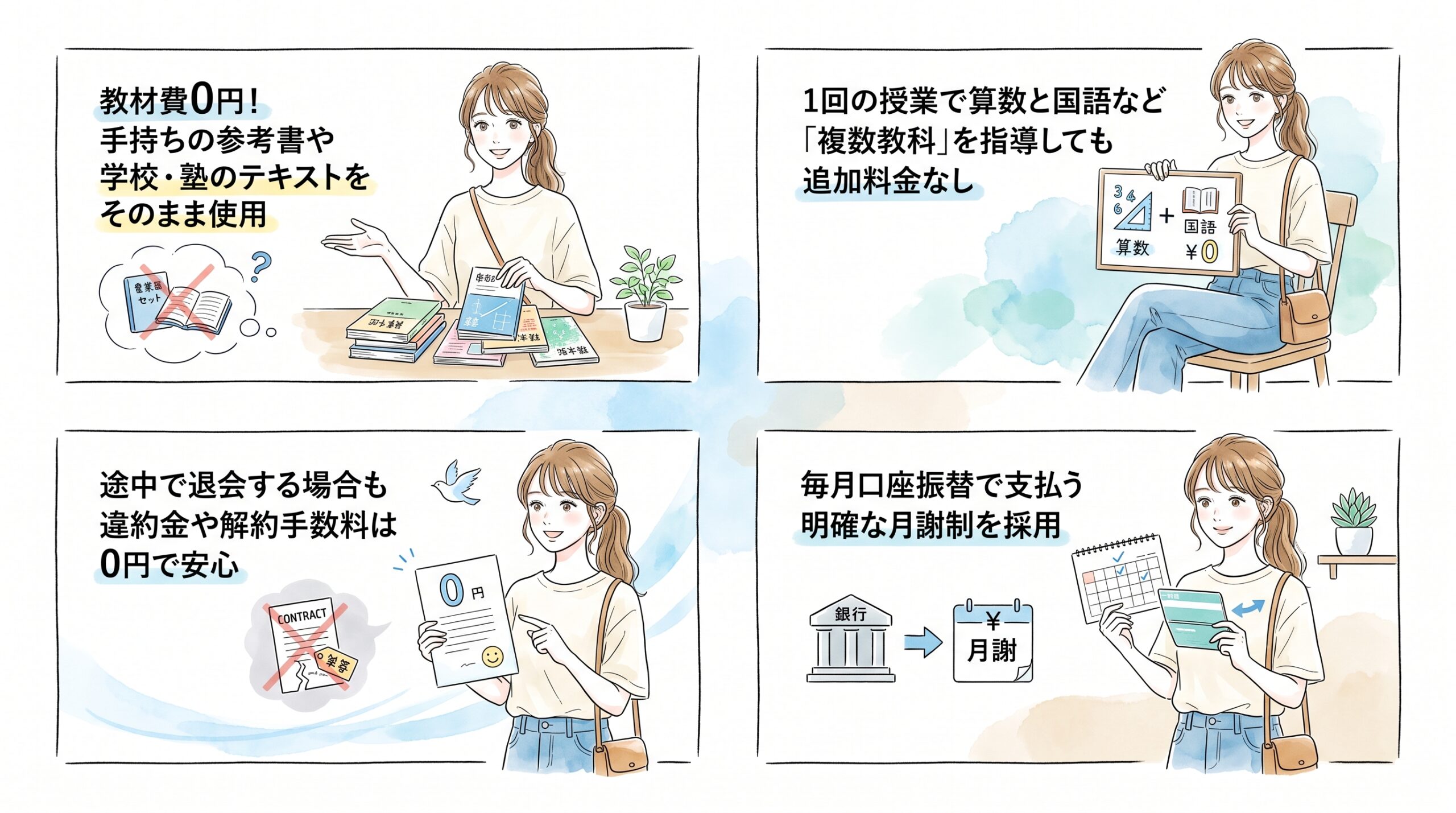 教材費・解約金の不透明さを排除した安心の料金体系