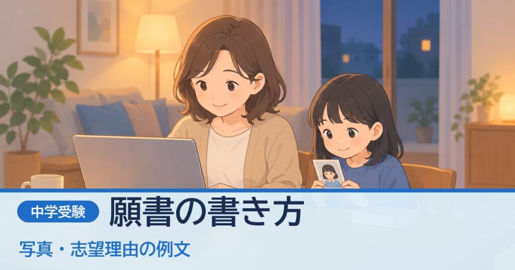 母親が出願の入力をし、子どもが証明写真を見ている