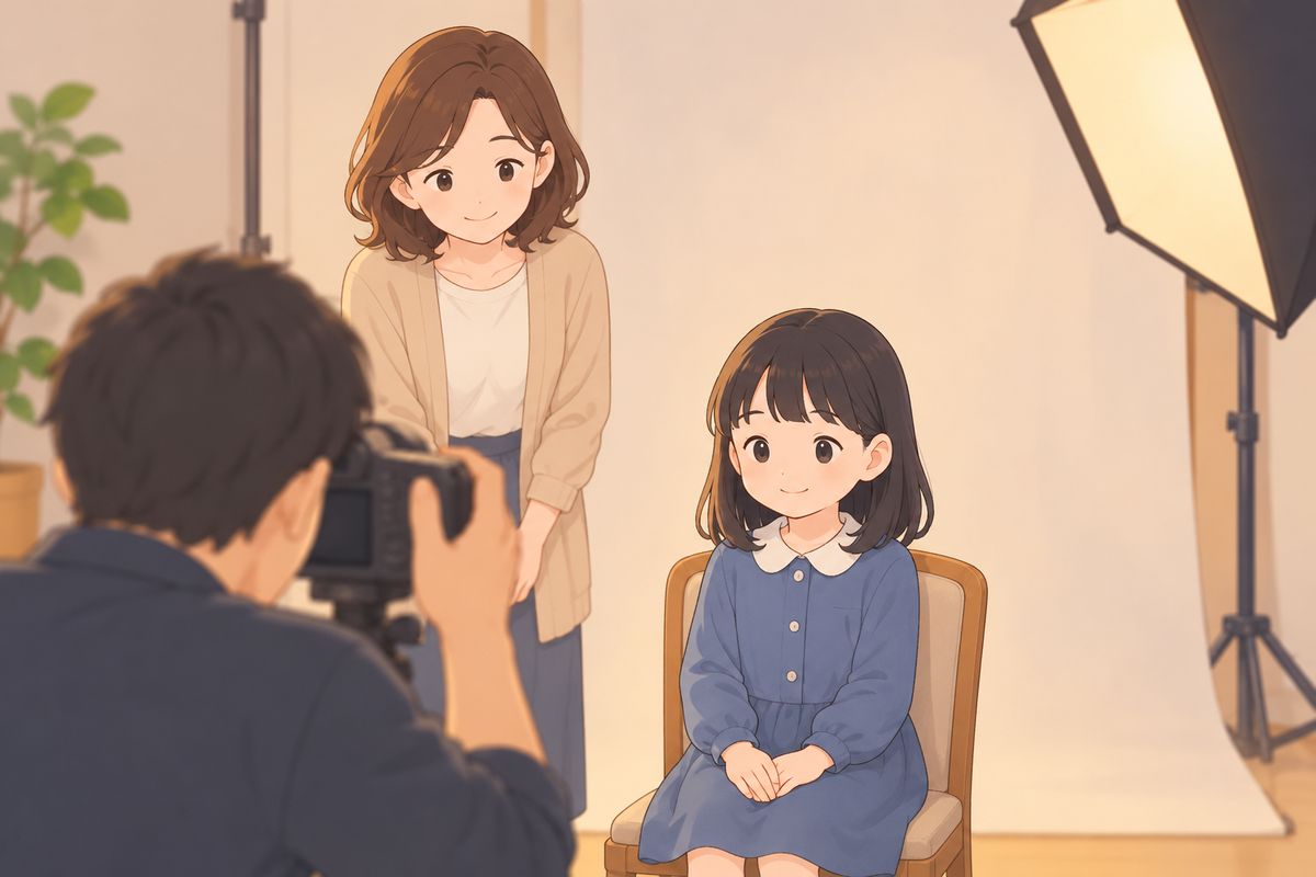 写真館で証明写真を撮る子ども