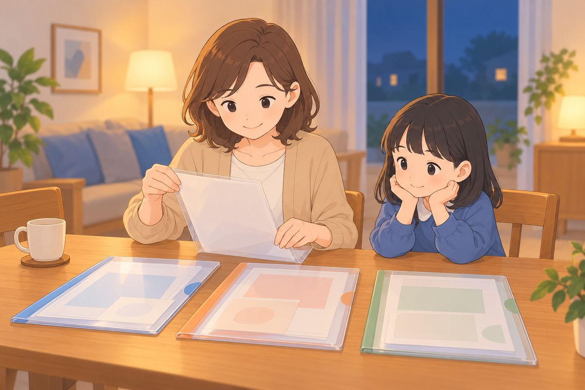 学校ごとに分けたクリアファイルを確認する母親