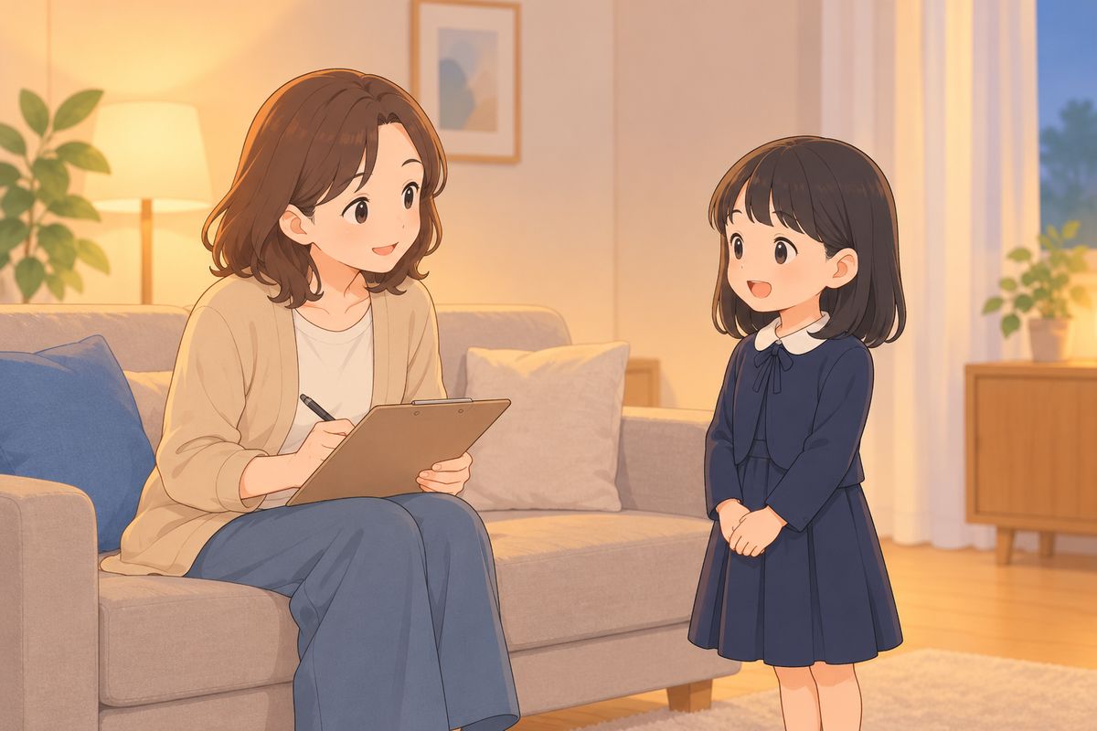 家で面接の練習をする親子
