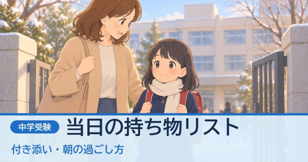 入試当日の朝、学校の門の前に立つ親子