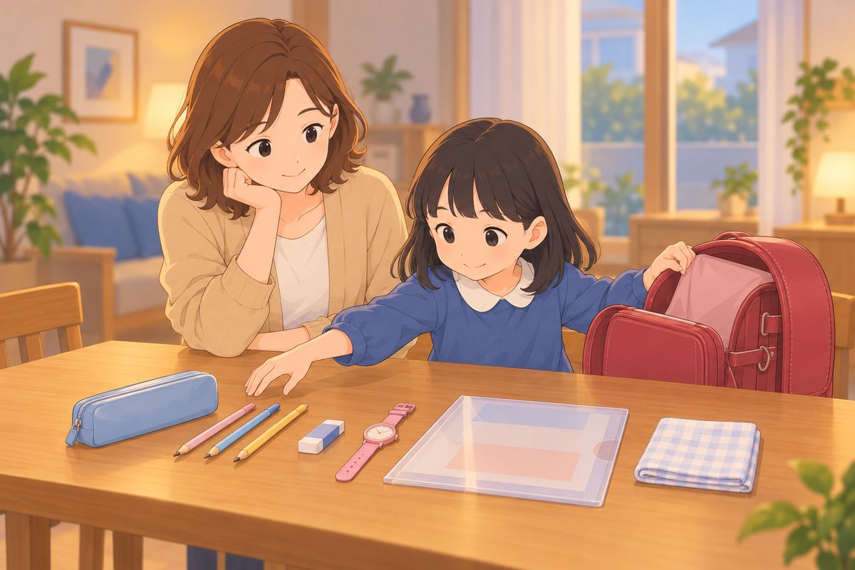 当日の持ち物を机に並べて準備する子ども