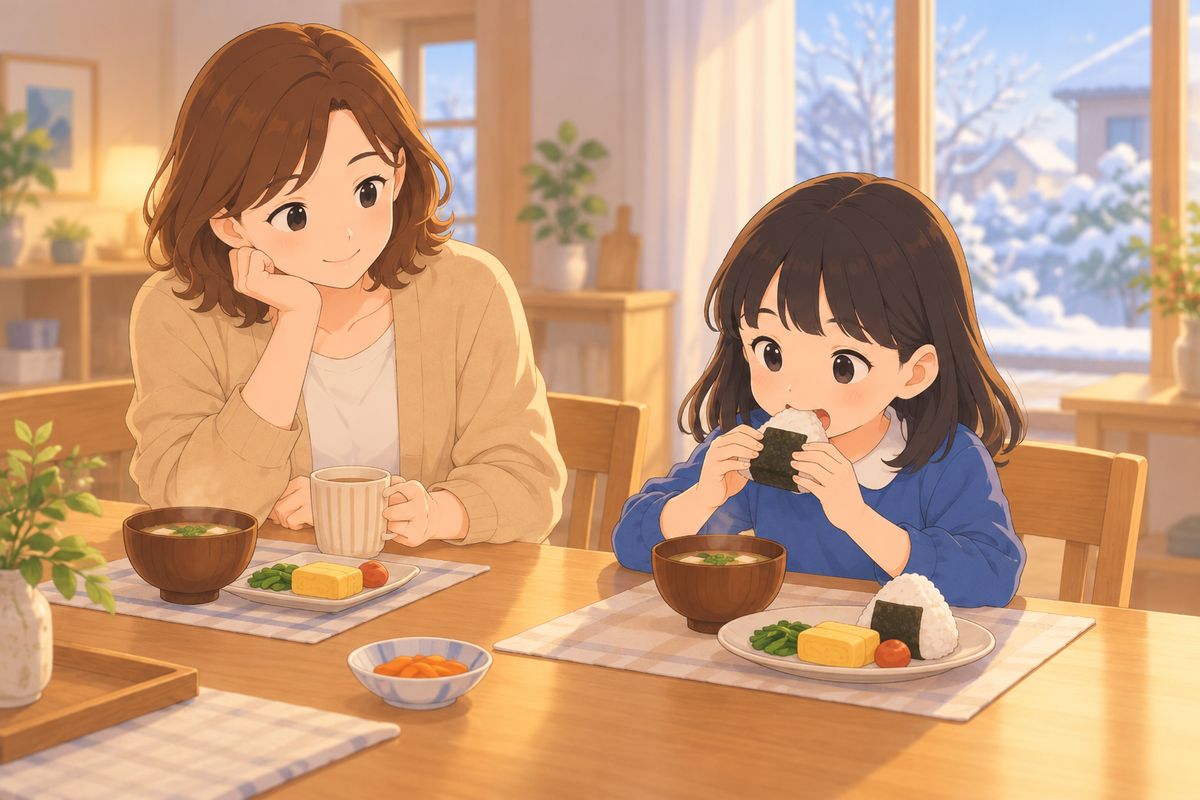 朝ごはんを食べる子どもと見守る母親