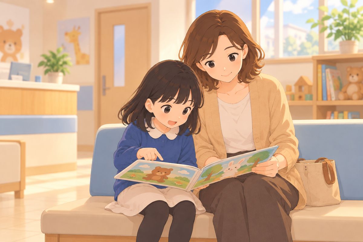 小児科の待合室で順番を待つ親子