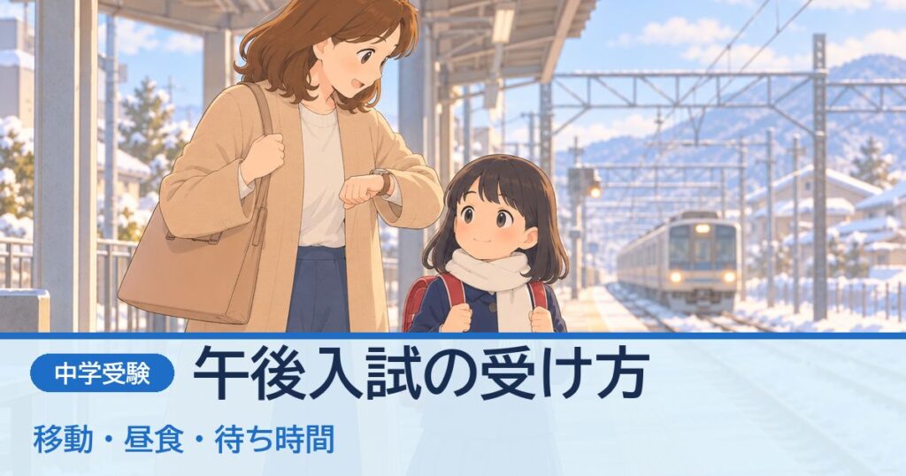駅のホームで時間を確かめる母親と子ども