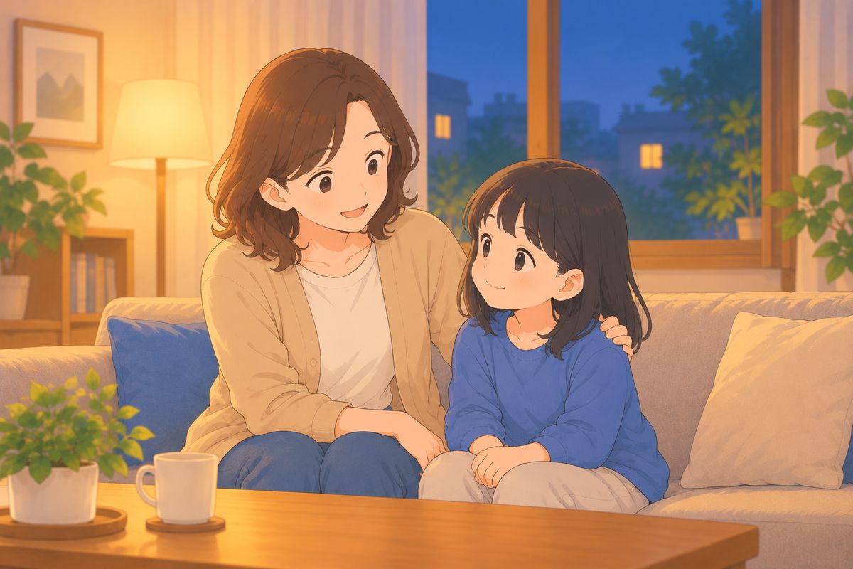 子どもの肩に手を置いて話しかける母親