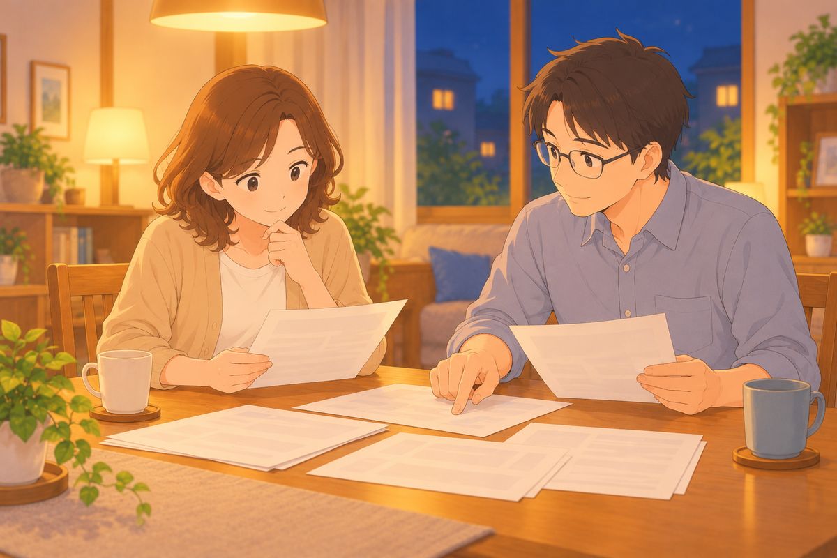 資料を見ながら話し合う両親