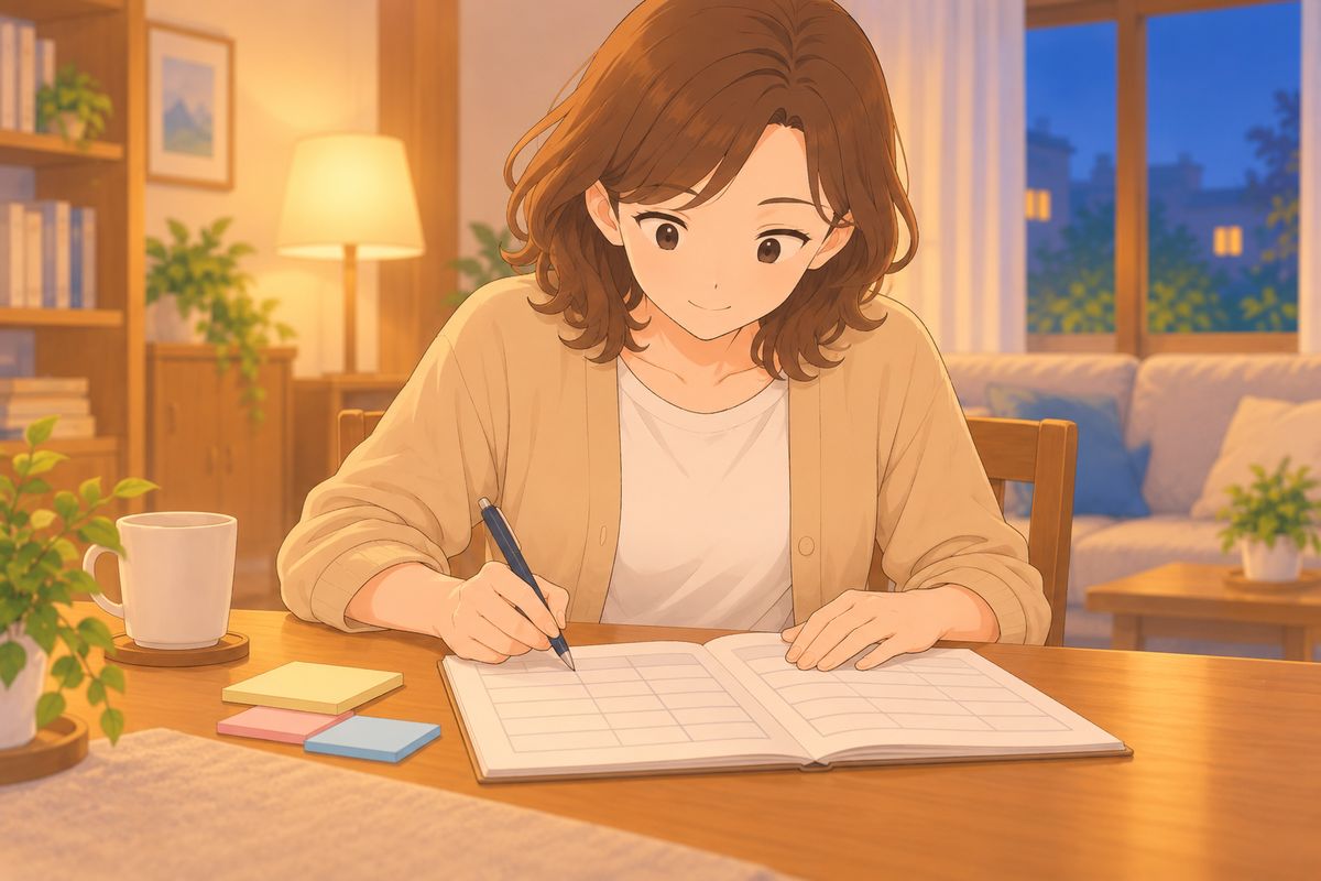 ノートに表を書き込む母親