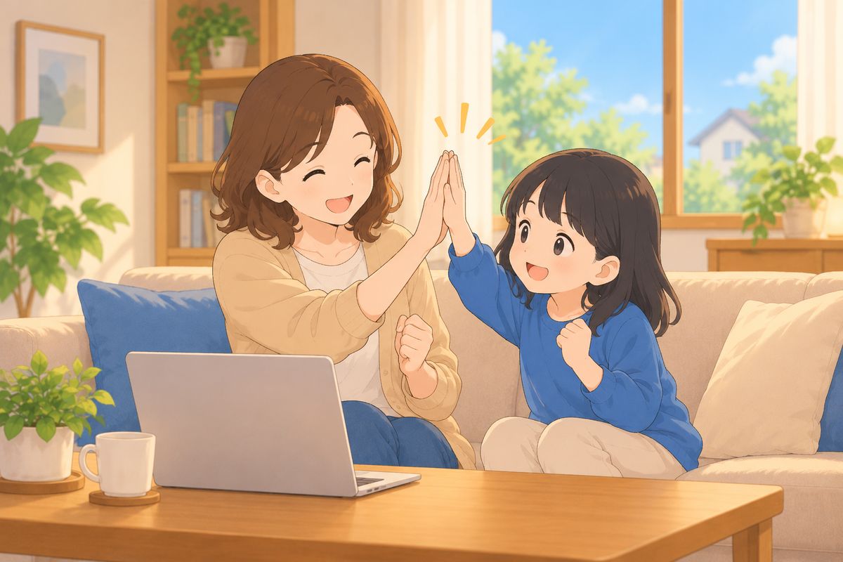 手続きを終えてハイタッチする親子