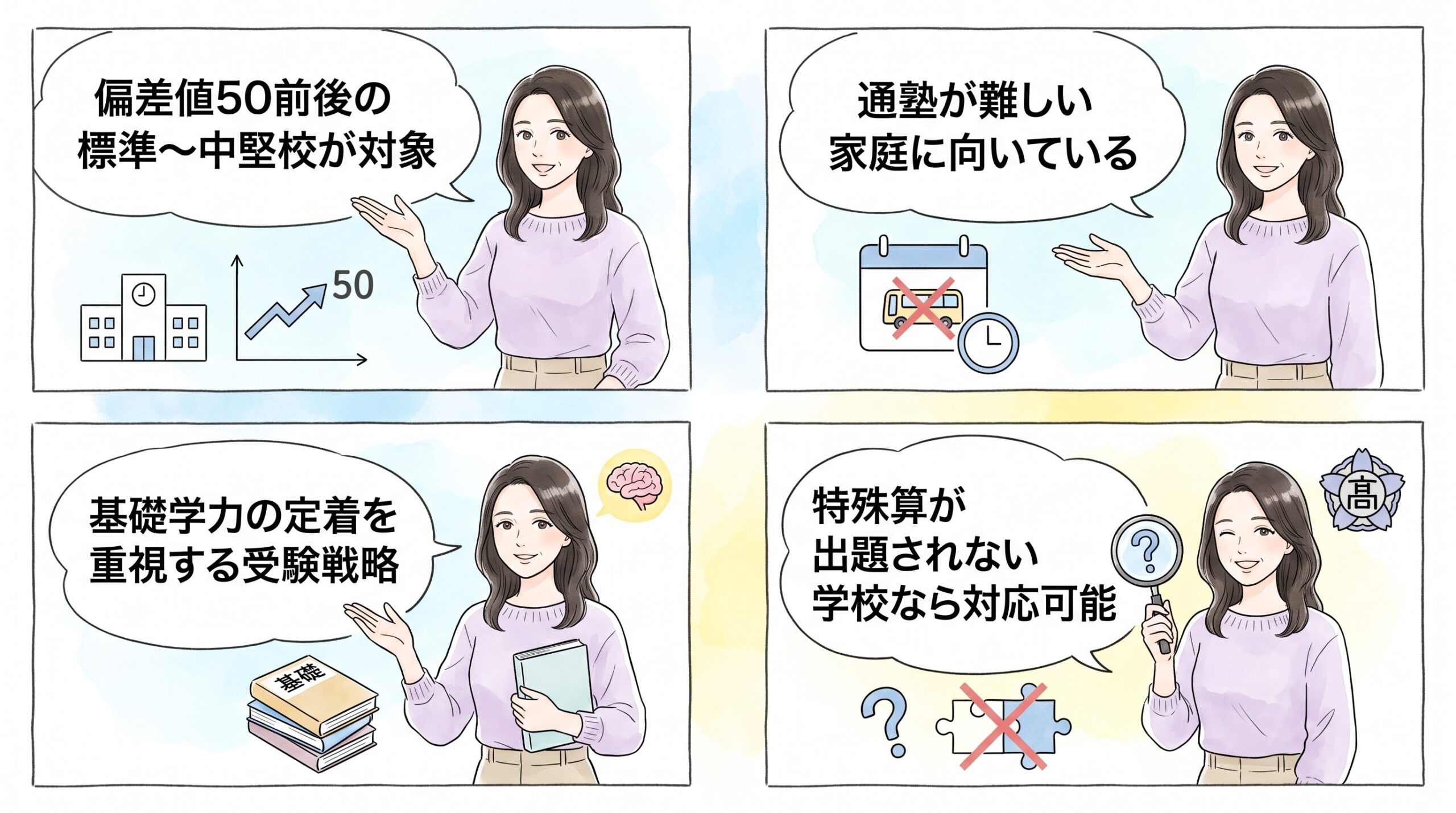 標準〜中堅校狙いで、塾に通えない家庭には選択肢になるのイメージ画像