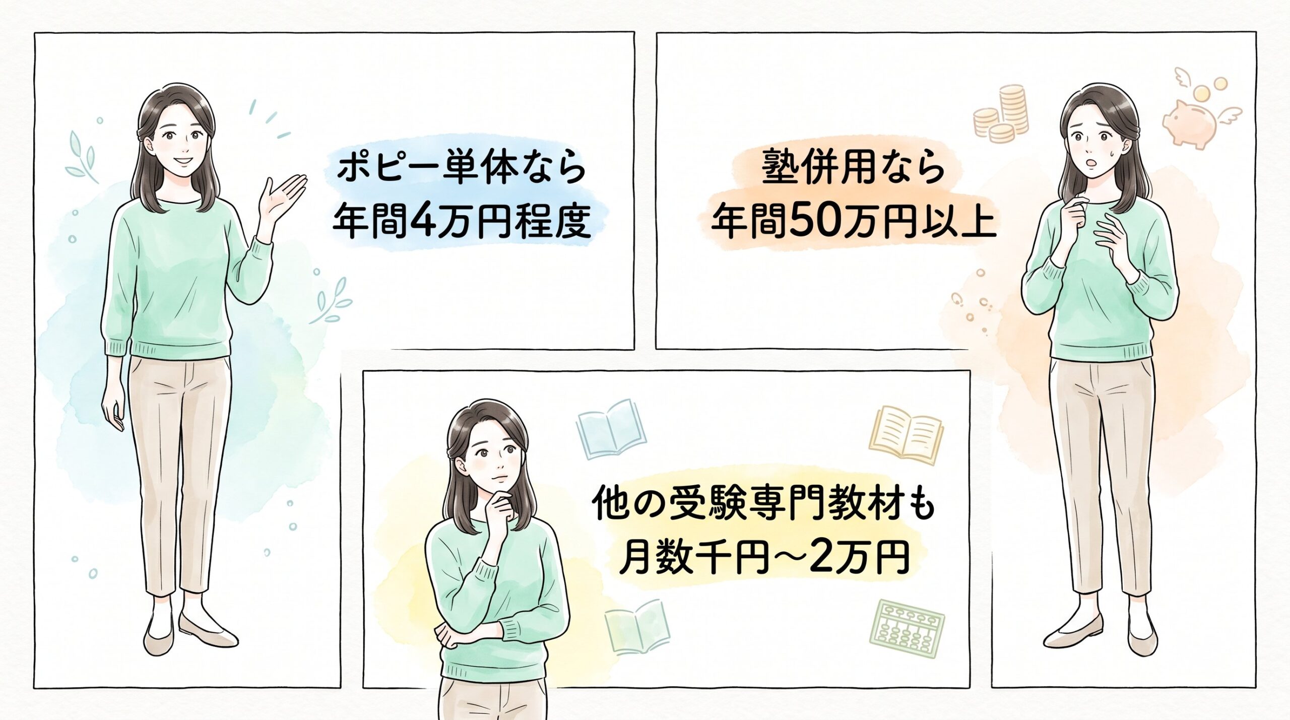 小学ポピー単体・併用・他教材への切り替え、それぞれの費用感のイメージ画像